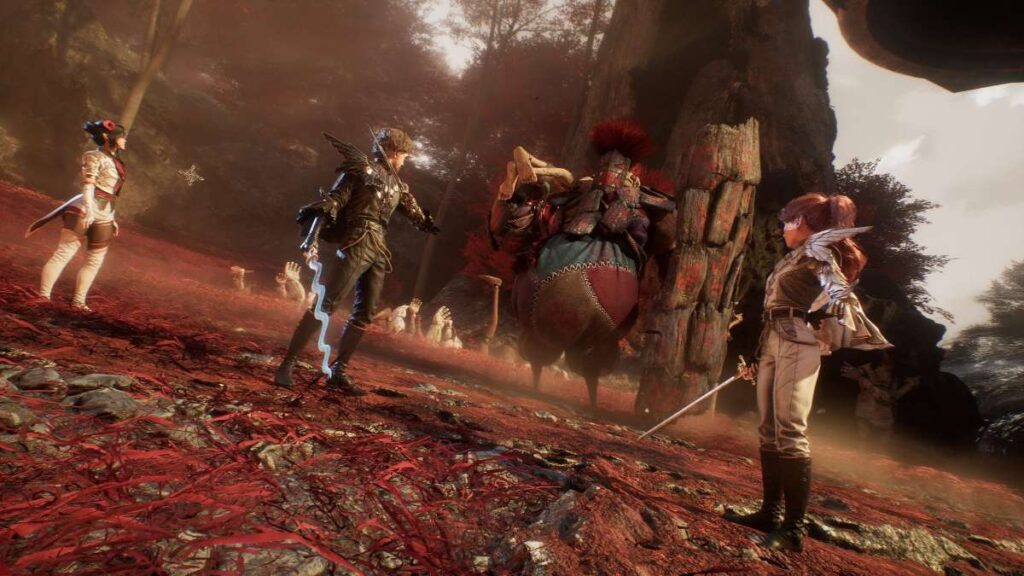 Clair Obscur: Expedition 33 幻想的な赤いフィールドでのキャラクター戦闘シーン